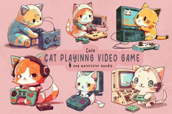 Download Cute Chibi Cat Playing Video Game - Premium Resources
